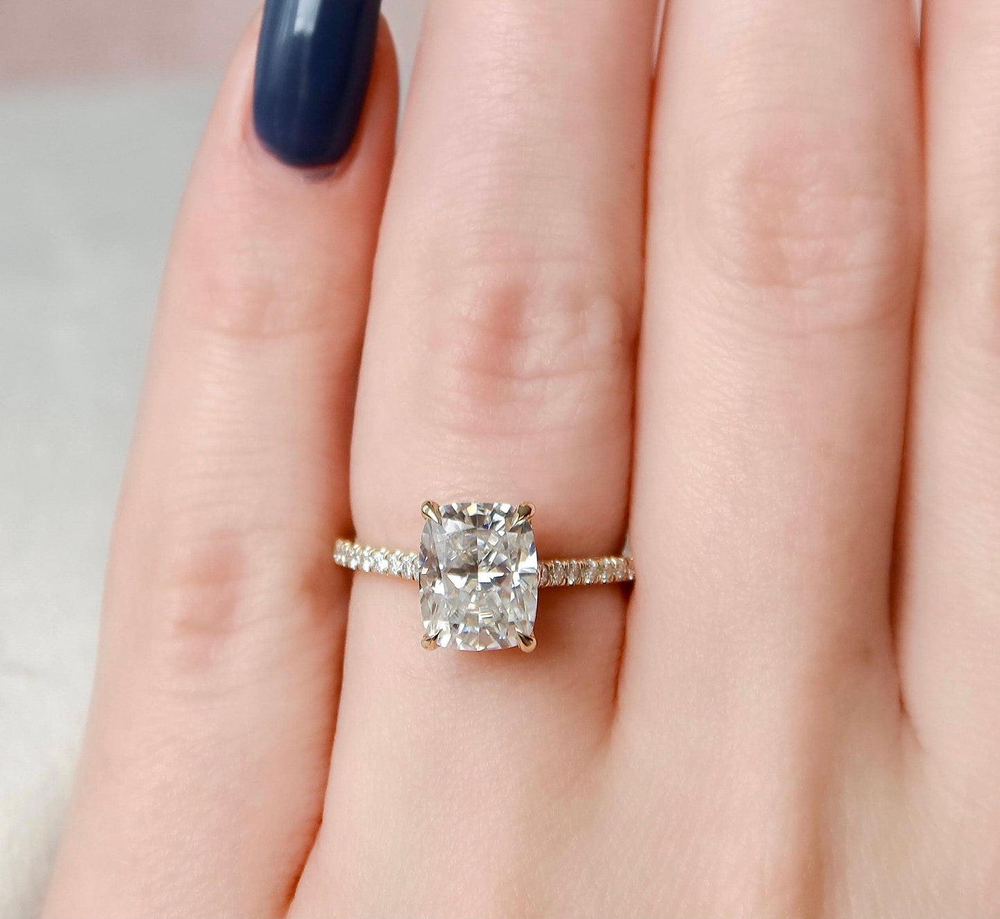 2.5 CT Elongated Cushion Hidden Halo & Pave Moissanite Engagement Ring