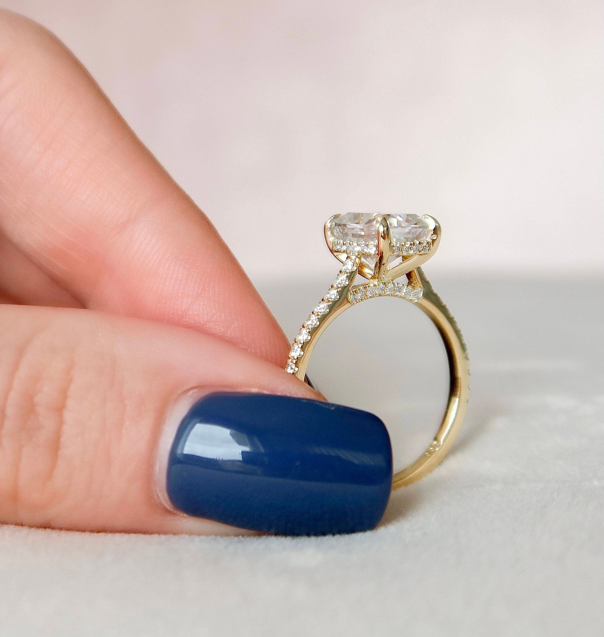 2.5 CT Elongated Cushion Hidden Halo & Pave Moissanite Engagement Ring