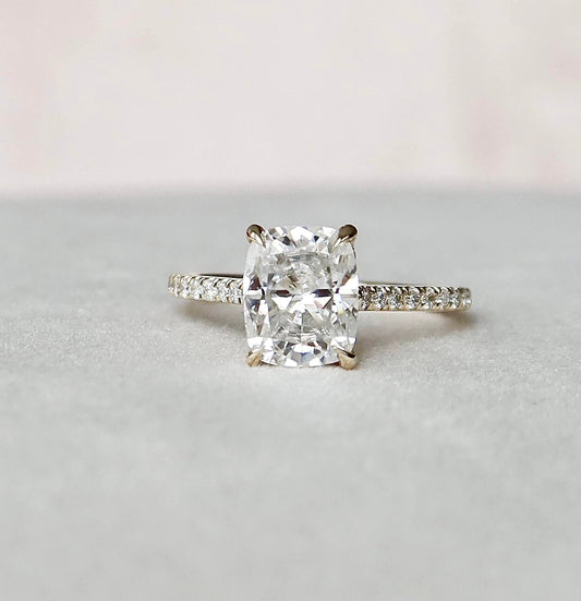 2.5 CT Elongated Cushion Hidden Halo & Pave Moissanite Engagement Ring