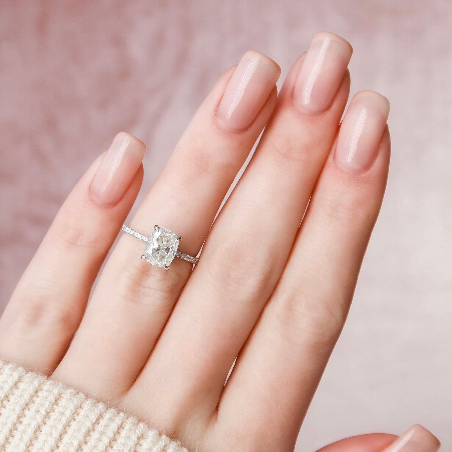 2 CT Elongated Cushion Hidden Halo & Pave Moissanite Engagement Ring