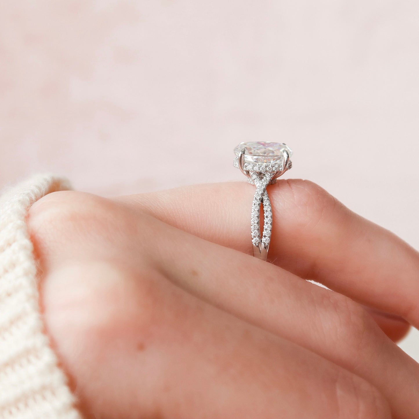 3 CT Oval Hidden Halo & Criss Cross Pave Moissanite Engagement Ring