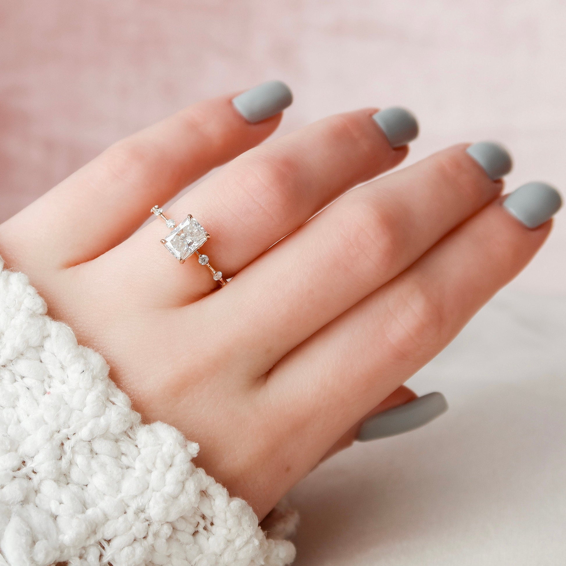 1.5 CT Radiant Dainty Pave Moissanite Engagement Ring