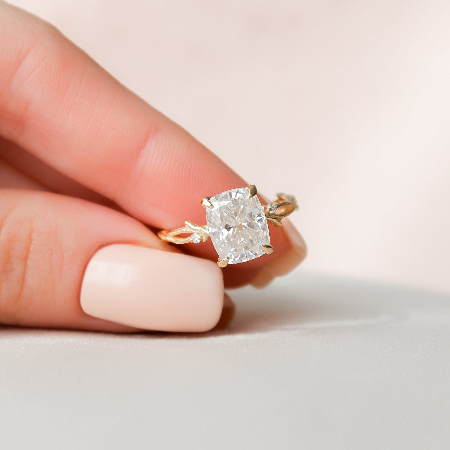 4 CT Cushion Twig Pave Moissanite Engagement Ring
