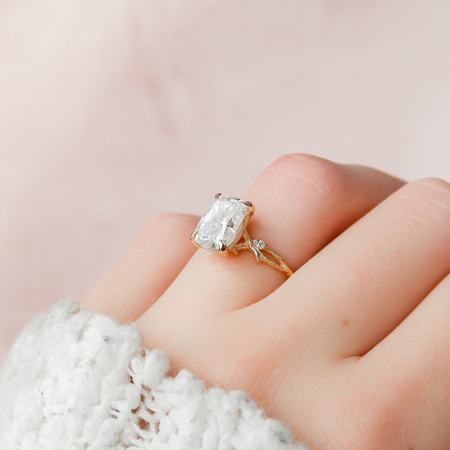 4 CT Cushion Twig Pave Moissanite Engagement Ring