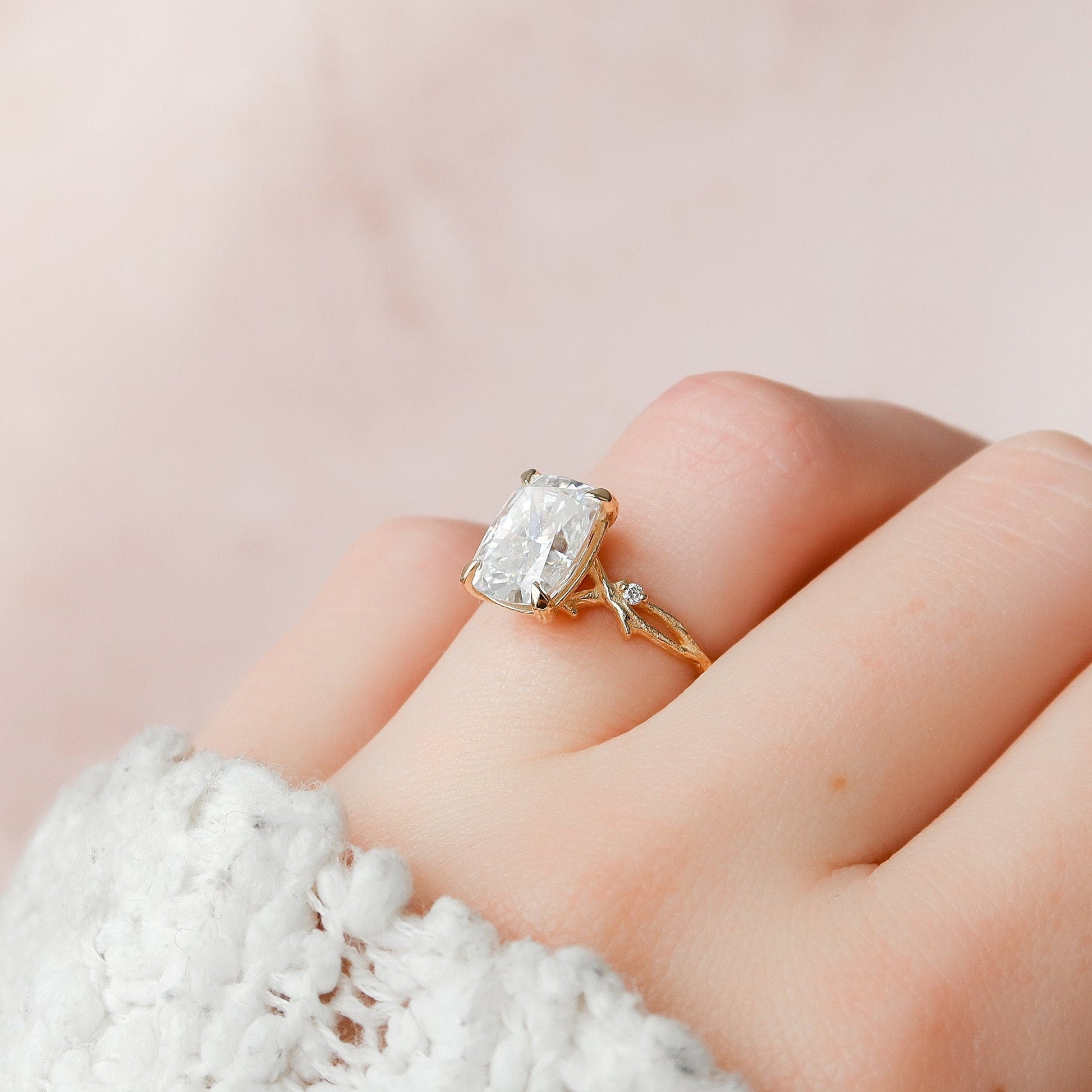 4 CT Cushion Twig Pave Moissanite Engagement Ring