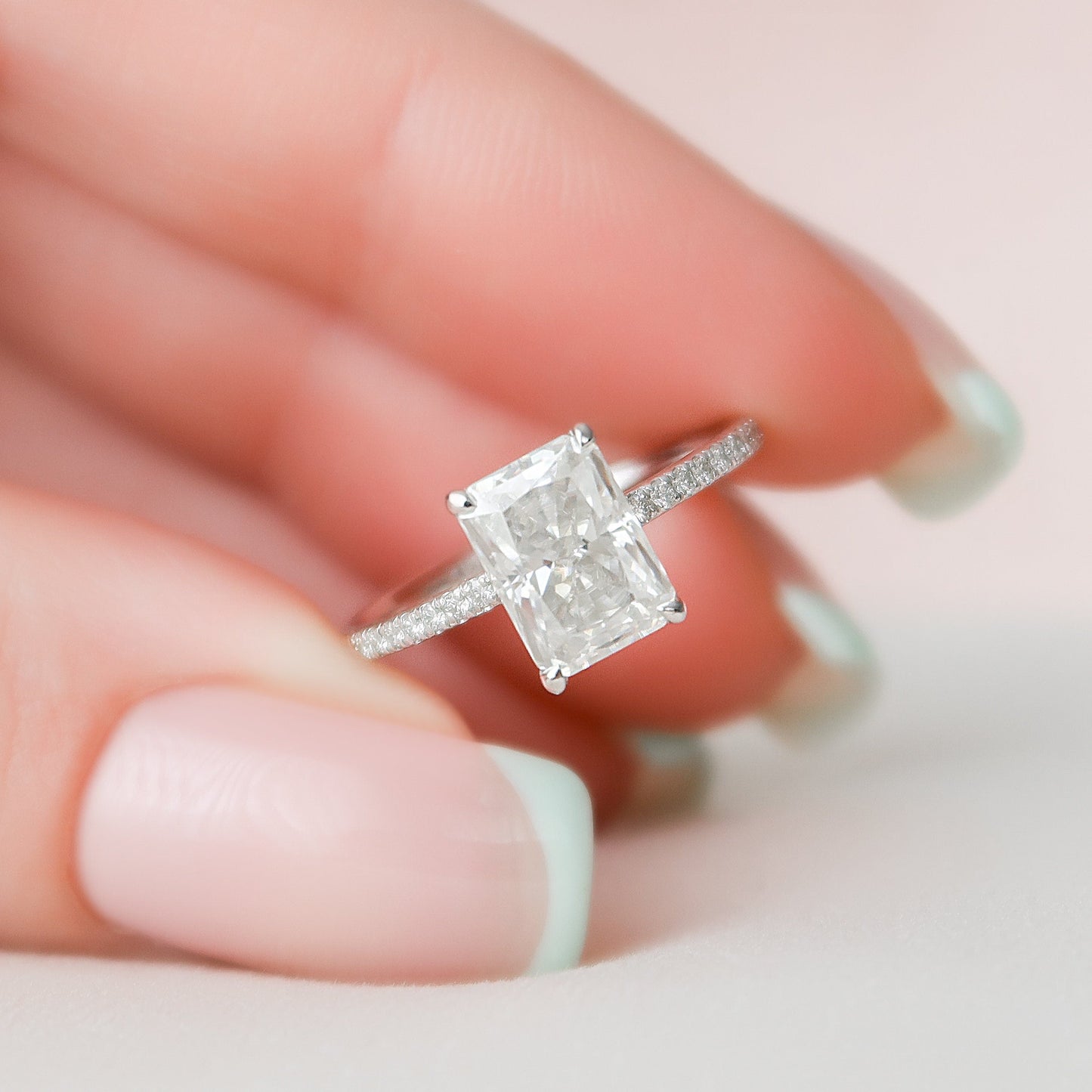 2 CT Radiant Hidden Halo & Pave Moissanite Engagement Ring