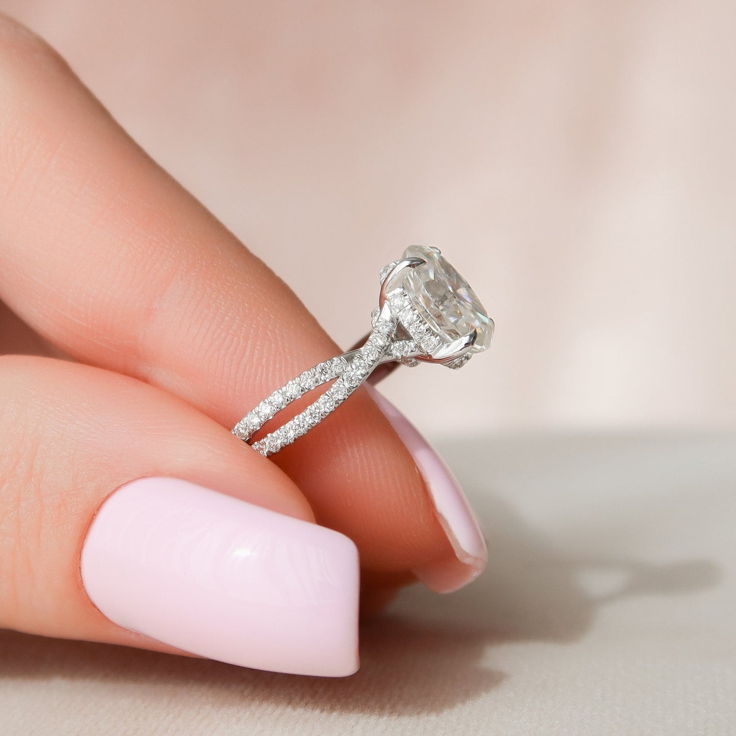 1.5 CT Oval Hidden Halo & Criss Cross Pave Moissanite Engagement Ring
