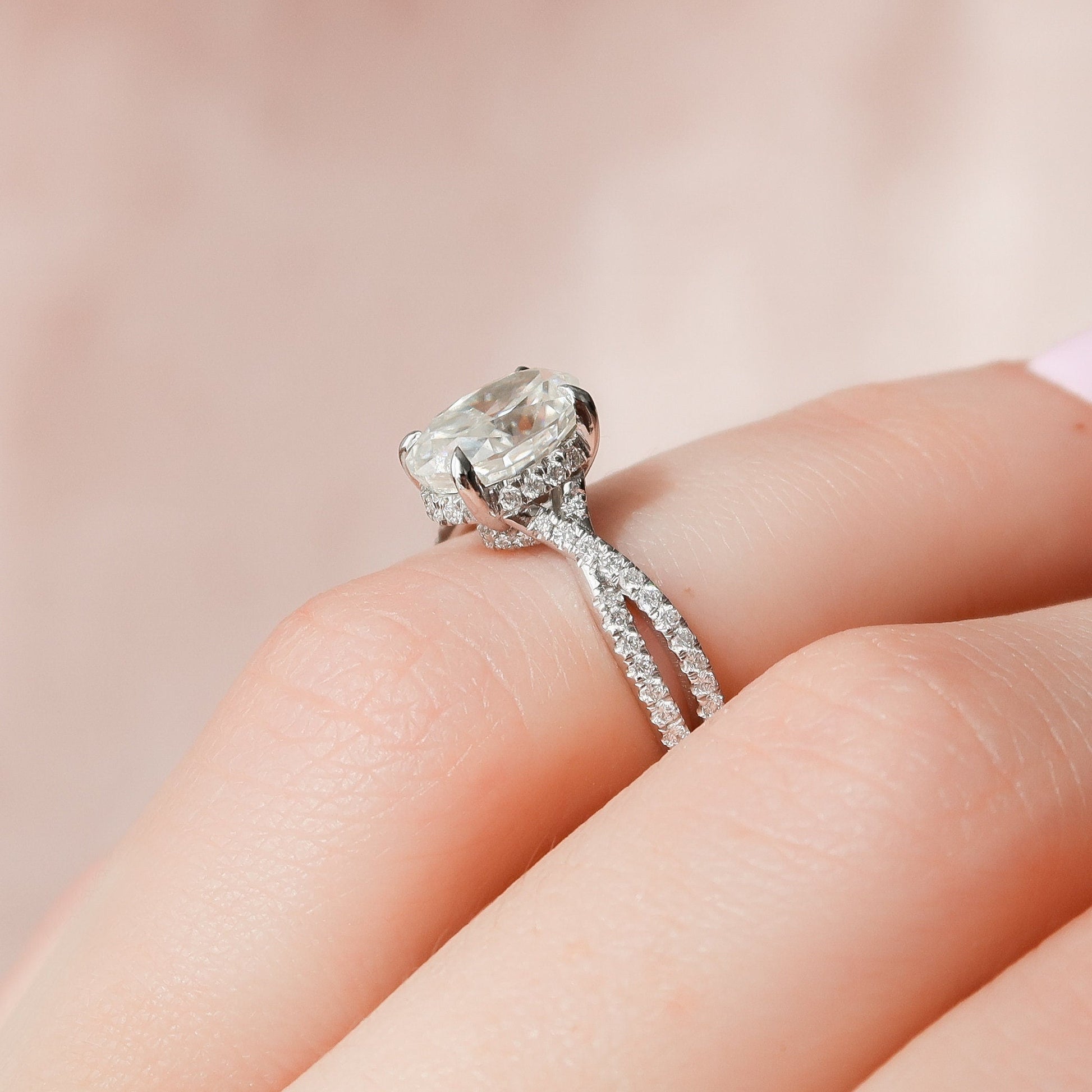 1.5 CT Oval Hidden Halo & Criss Cross Pave Moissanite Engagement Ring