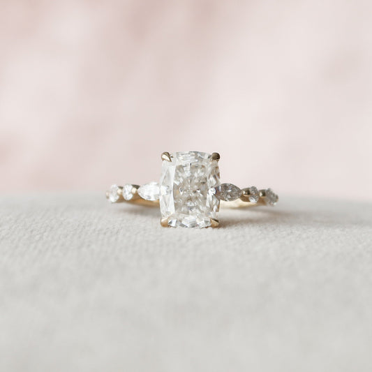 2.5 CT Elongated Cushion Hidden Halo & Dainty Pave Moissanite Engagement Ring