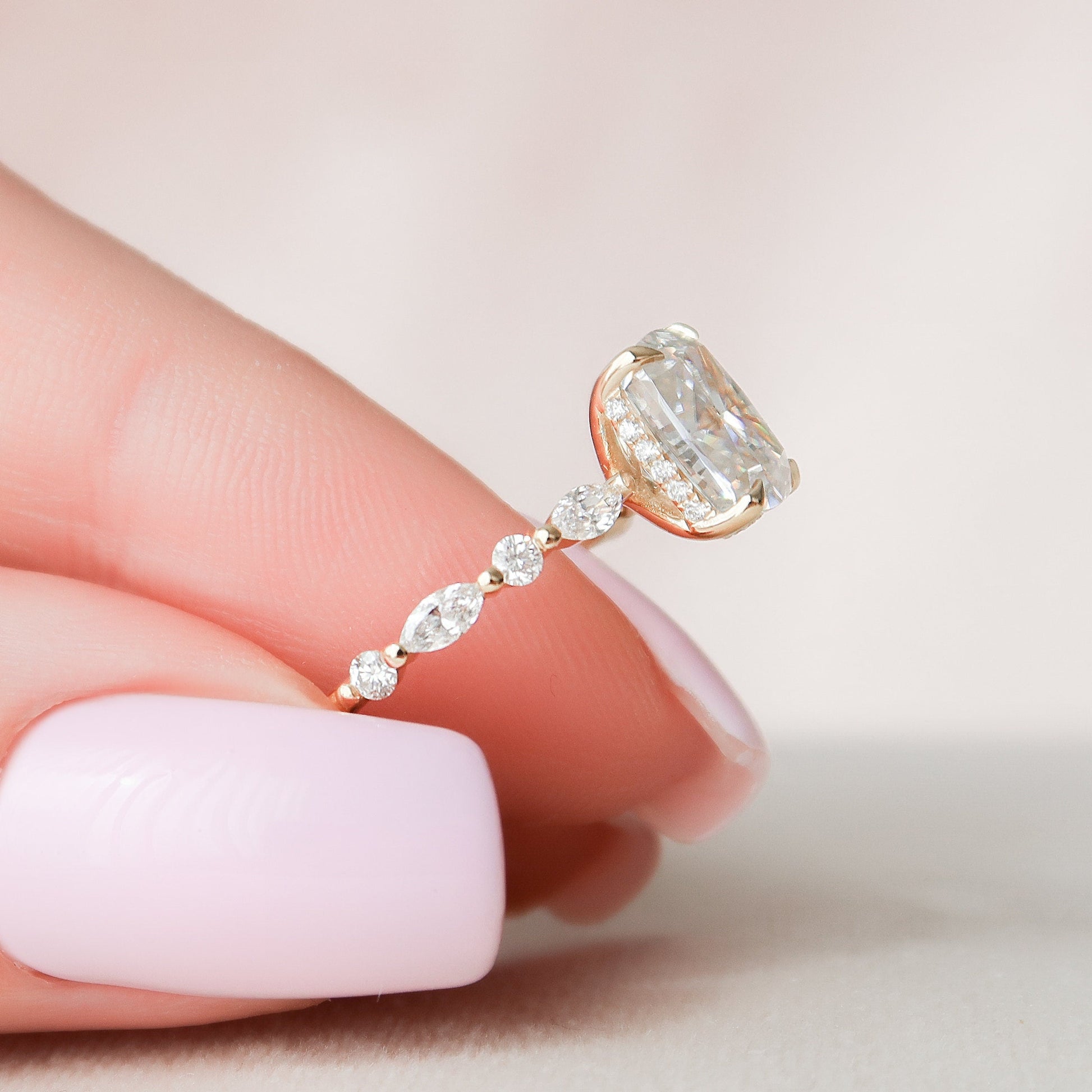 2.5 CT Elongated Cushion Hidden Halo & Dainty Pave Moissanite Engagement Ring