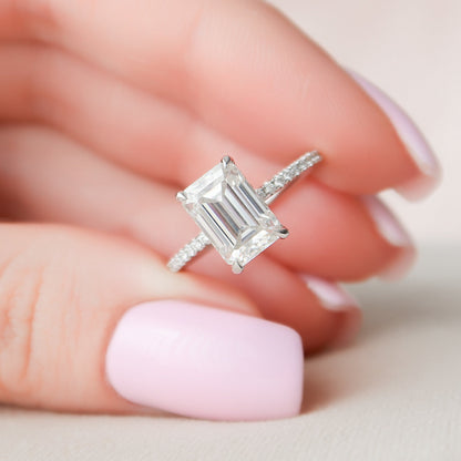 2.5 CT Emerald Hidden Halo & Pave Moissanite Engagement Ring