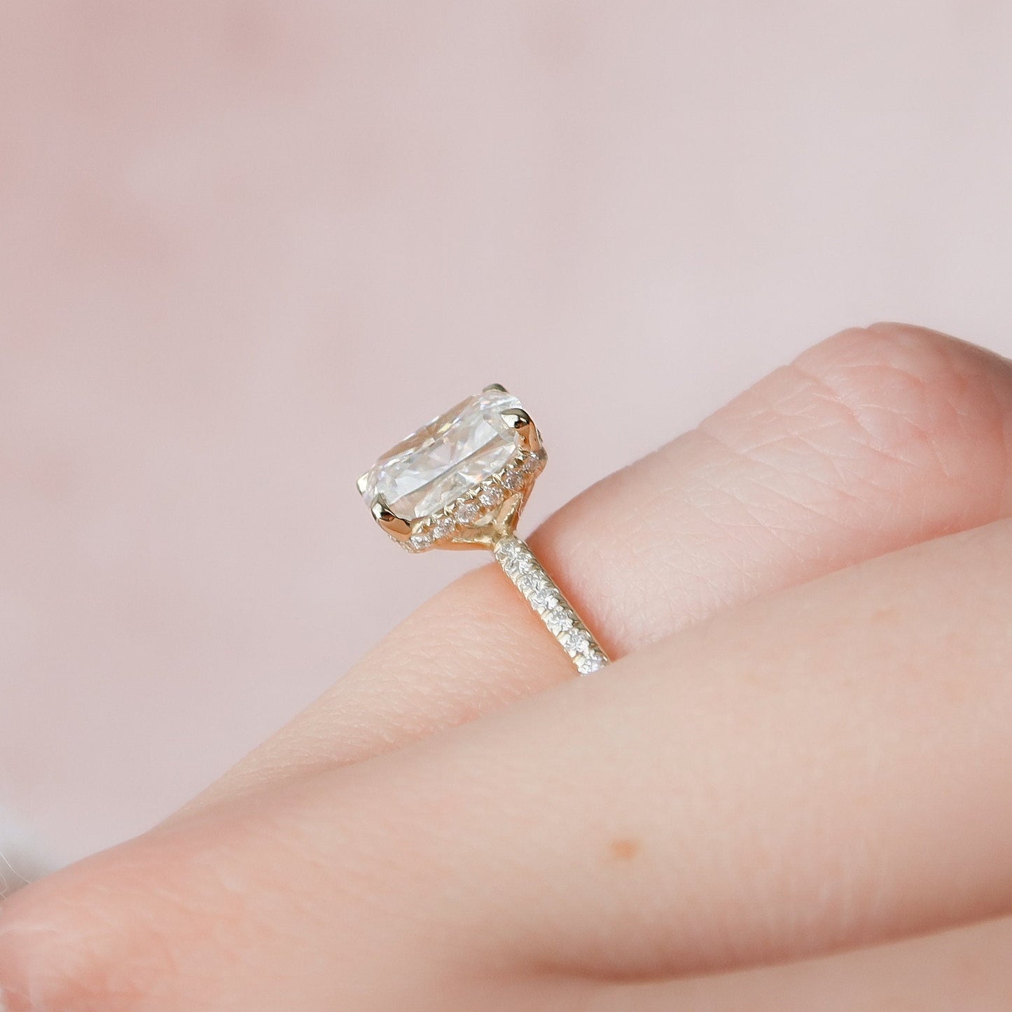 2 CT Elongated Cushion Hidden Halo & Pave Moissanite Engagement Ring
