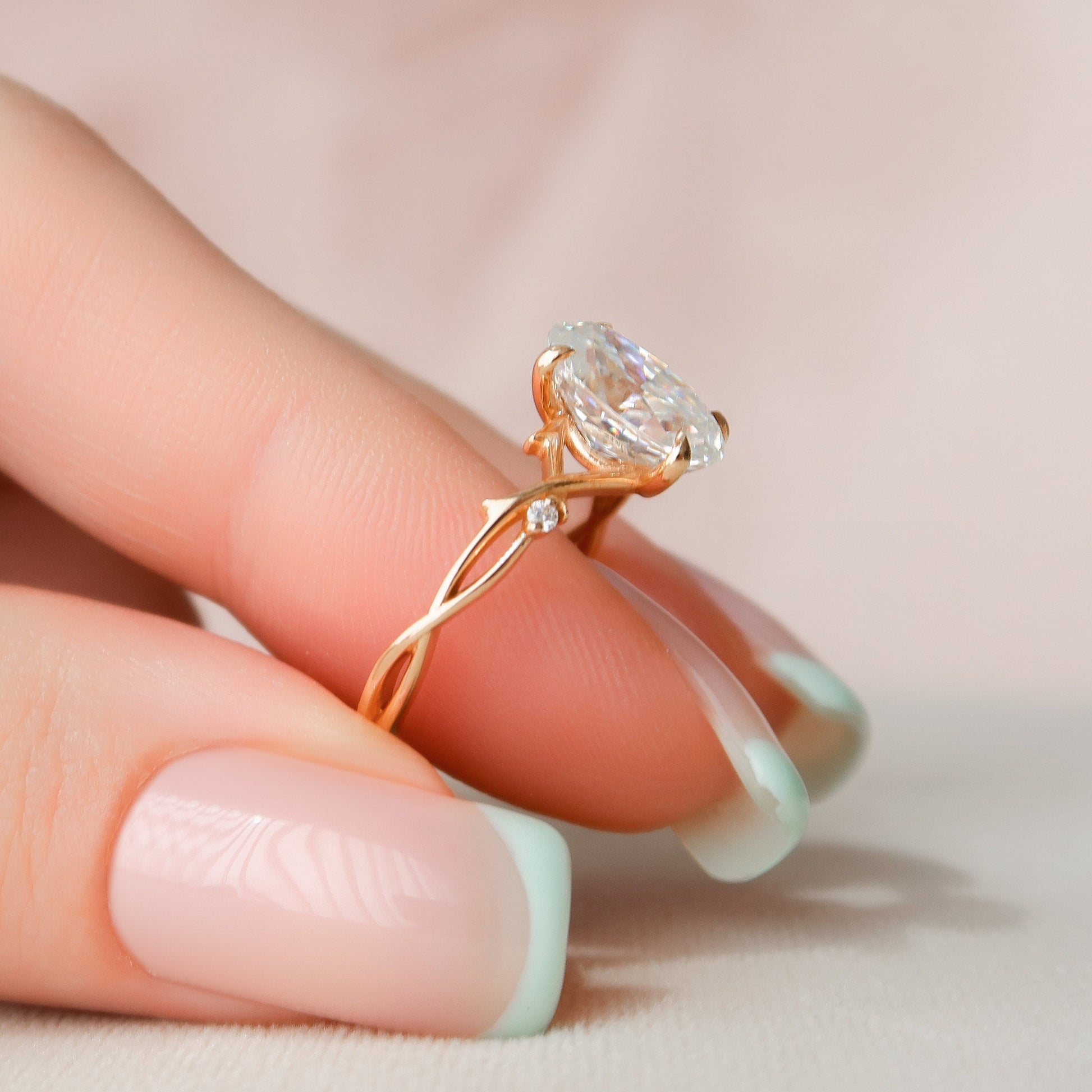 2 CT Oval Twig Pave Moissanite Engagement Ring