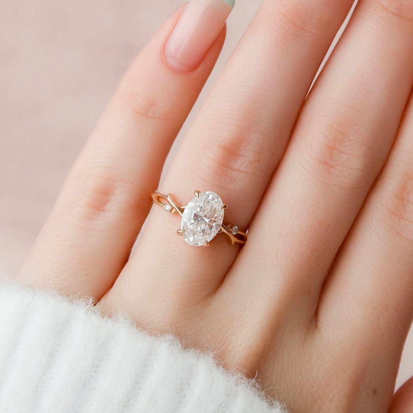 2 CT Oval Twig Pave Moissanite Engagement Ring