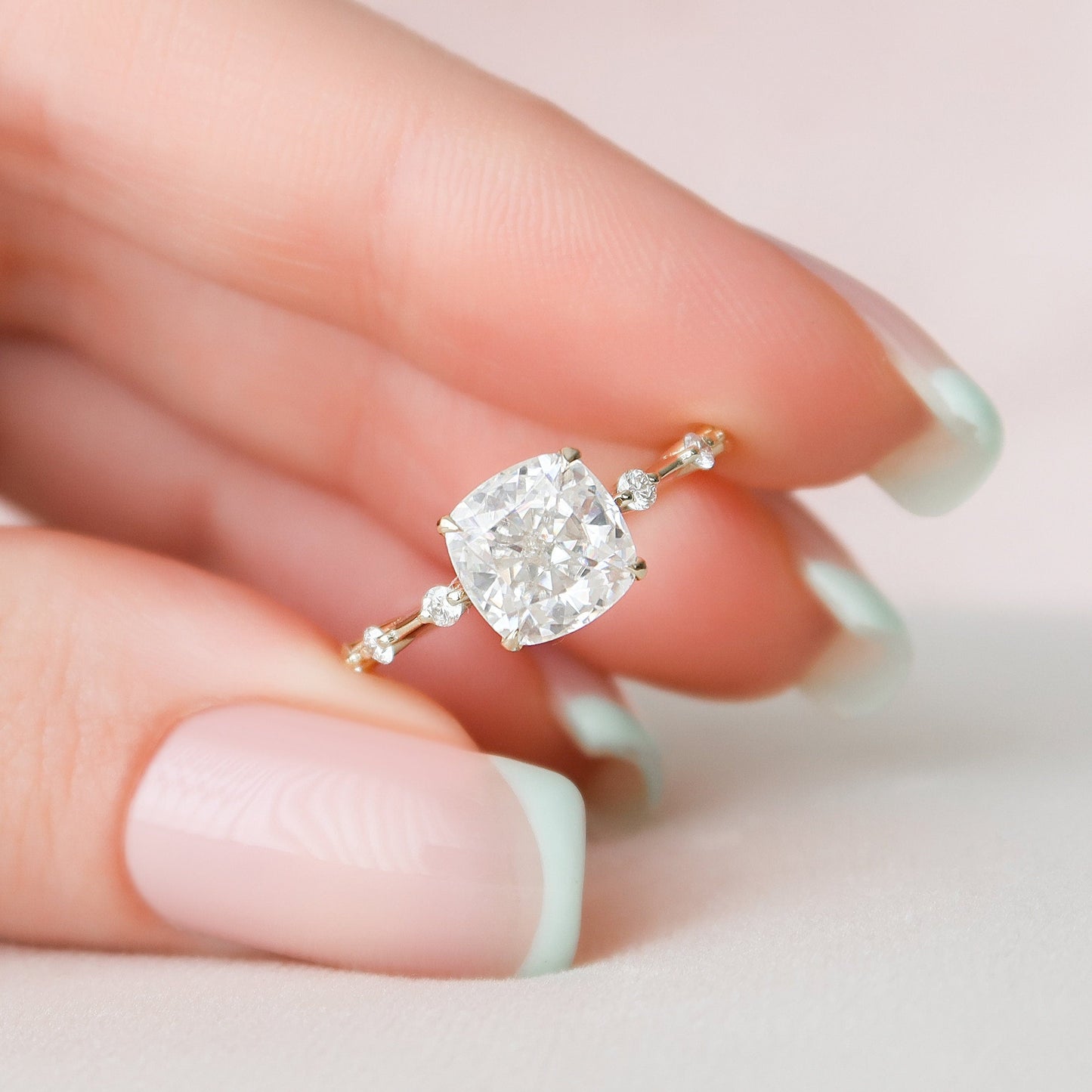 2 CT Cushion Hidden Halo & Dainty Pave Moissanite Engagement Ring