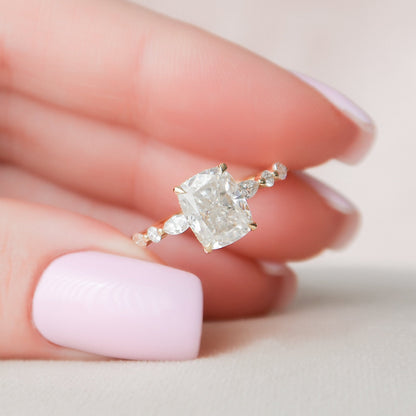 2.5 CT Elongated Cushion Hidden Halo & Dainty Pave Moissanite Engagement Ring