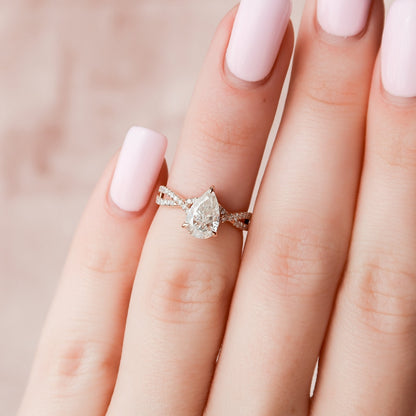 1 CT Pear Hidden Halo & Criss Cross Pave Moissanite Engagement Ring