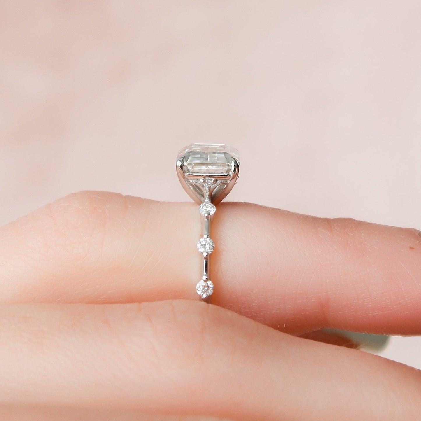3 CT East West Emerald Dainty Pave Moissanite Engagement Ring
