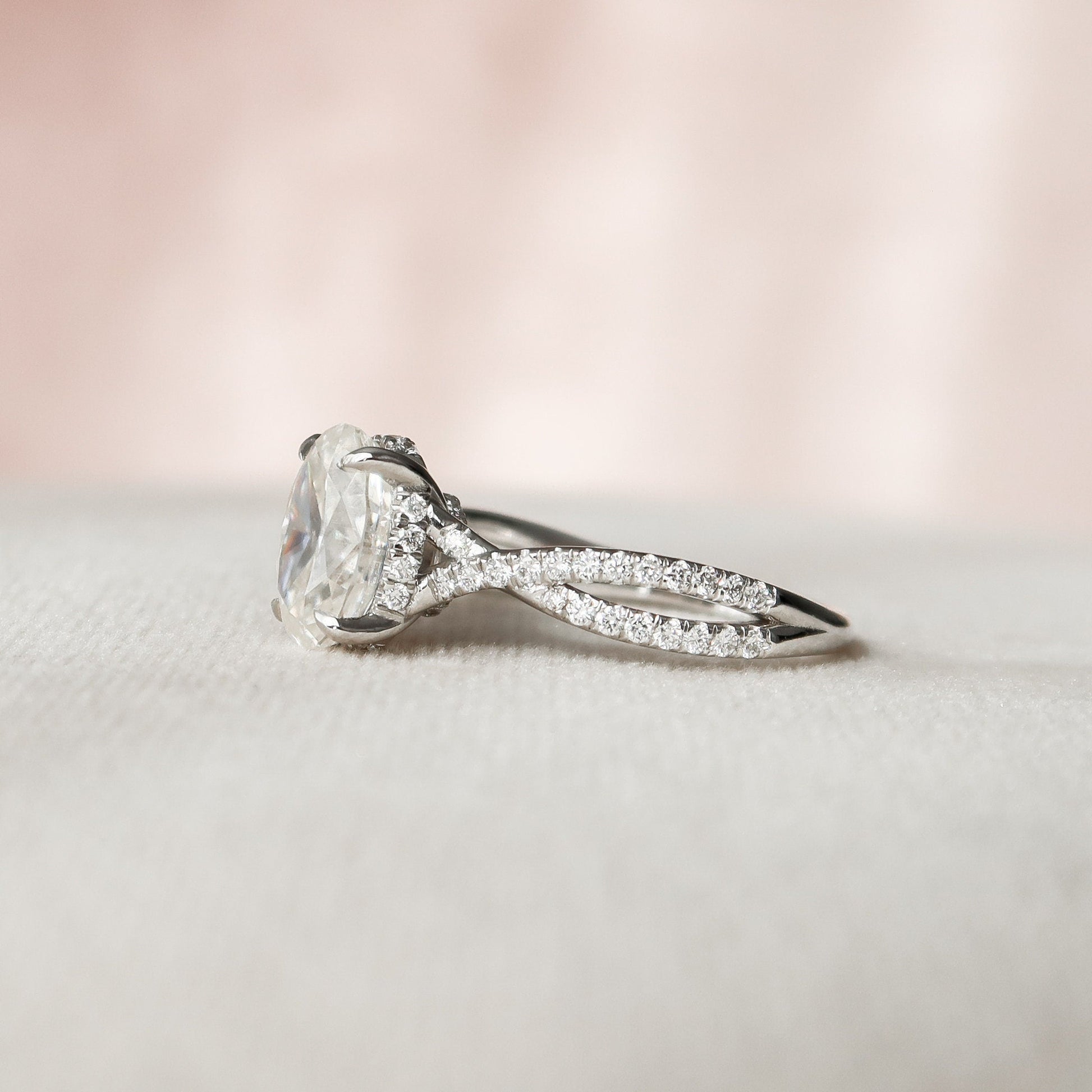 1.5 CT Oval Hidden Halo & Criss Cross Pave Moissanite Engagement Ring