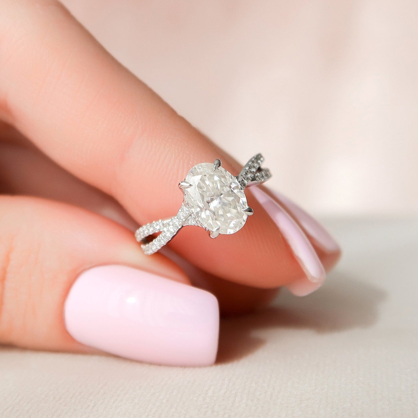 1.5 CT Oval Hidden Halo & Criss Cross Pave Moissanite Engagement Ring