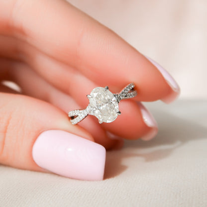 1.5 CT Oval Hidden Halo & Criss Cross Pave Moissanite Engagement Ring