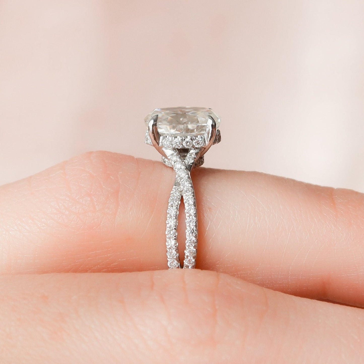 1.5 CT Oval Hidden Halo & Criss Cross Pave Moissanite Engagement Ring
