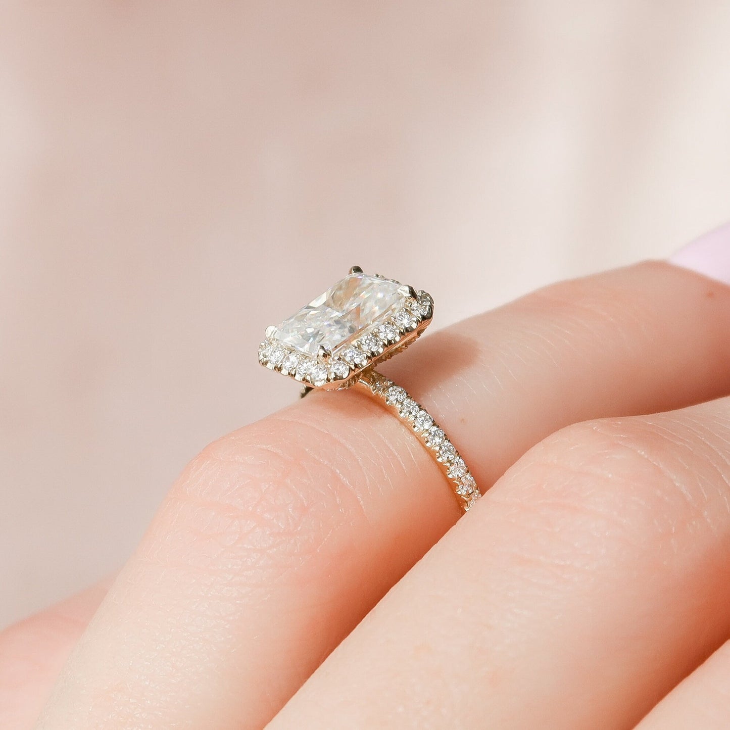 2 CT Radiant Hidden Halo & Pave Moissanite Engagement Ring