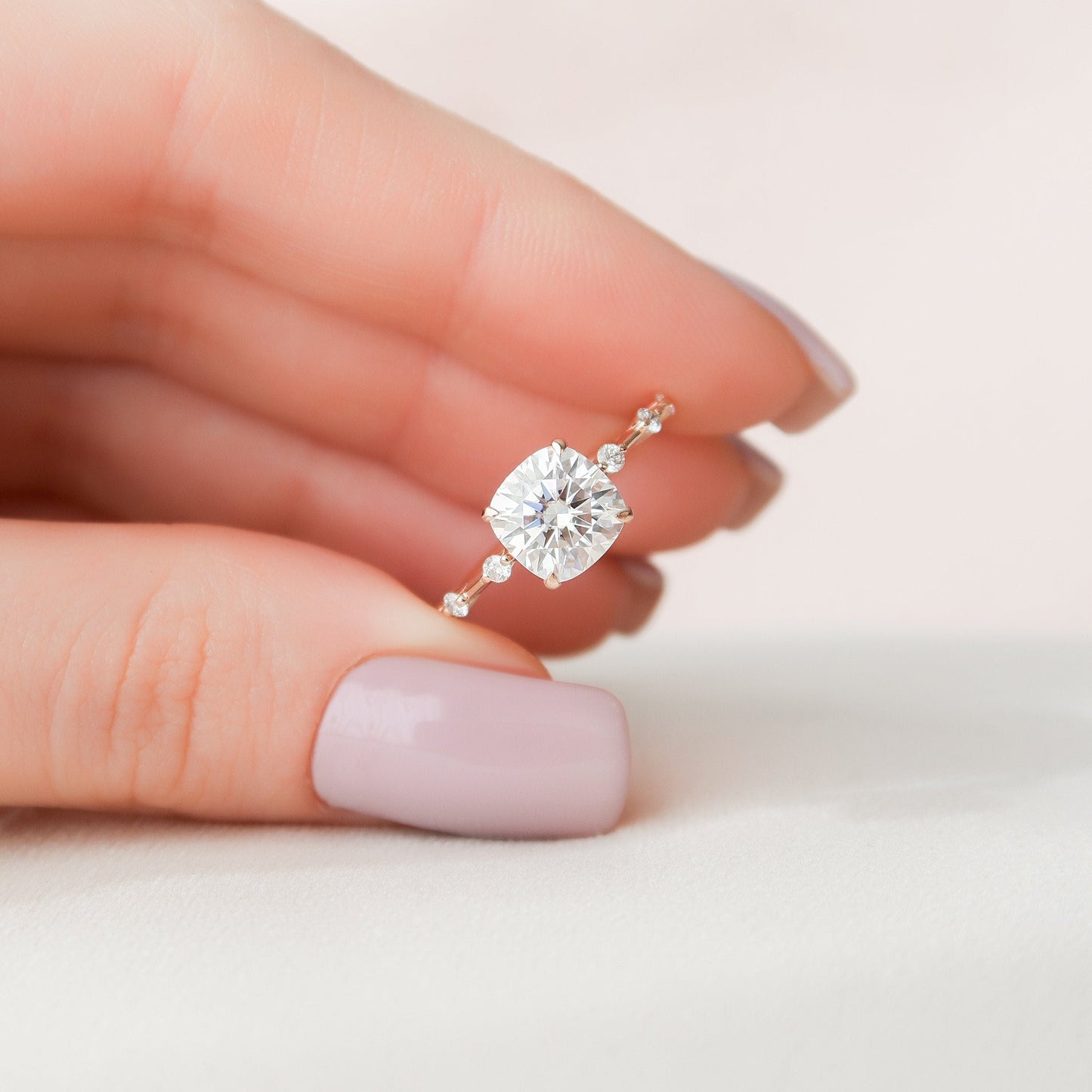 2 CT Cushion Hidden Halo & Dainty Pave Moissanite Engagement Ring