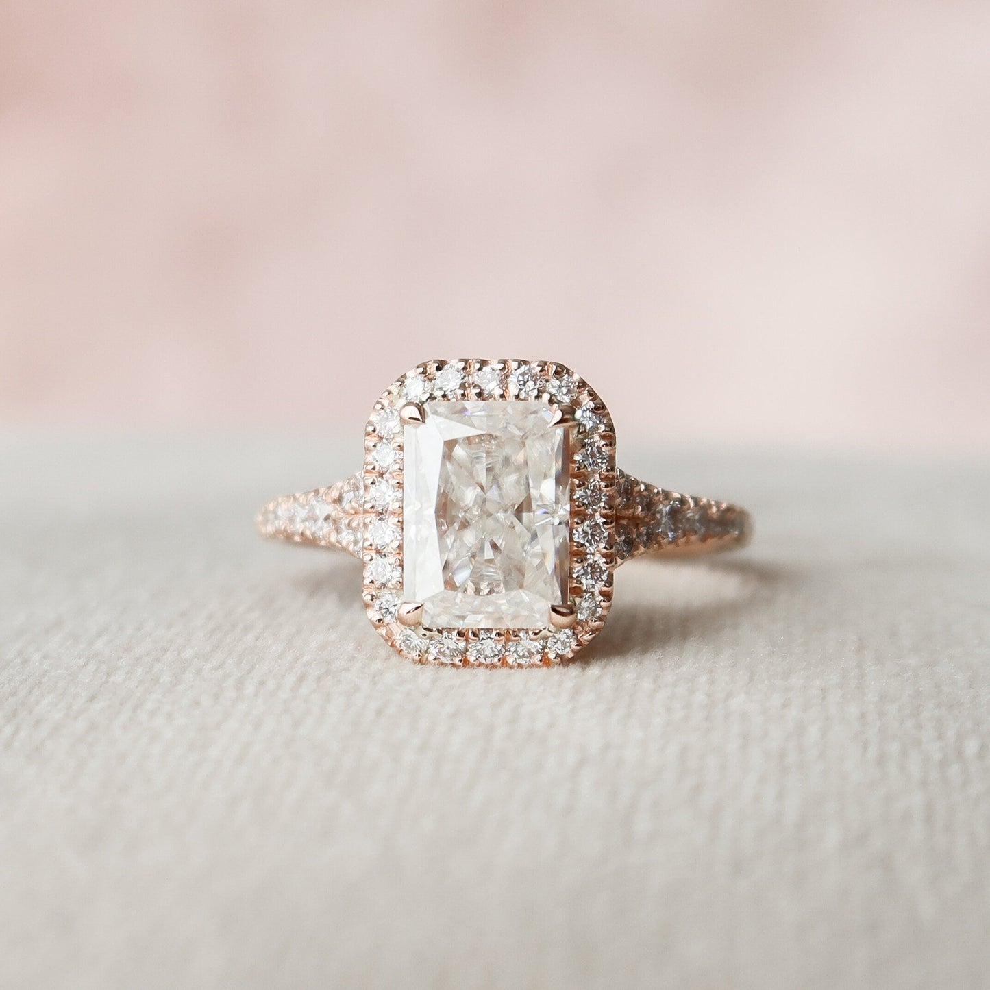 3.5 CT Elongated Cushion Halo & Pave Split Shank Moissanite Engagement Ring
