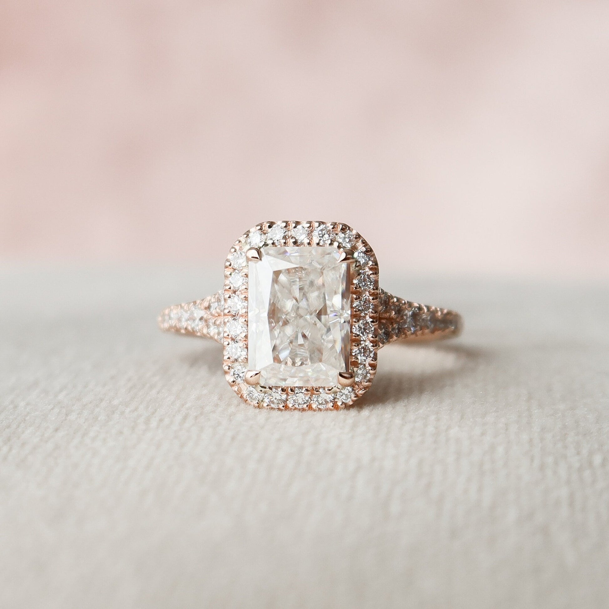 3.5 CT Elongated Cushion Halo & Pave Split Shank Moissanite Engagement Ring