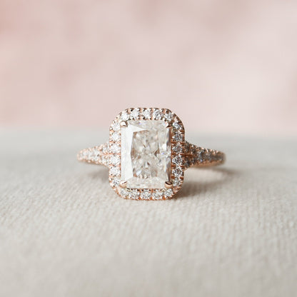 3.5 CT Elongated Cushion Halo & Pave Split Shank Moissanite Engagement Ring