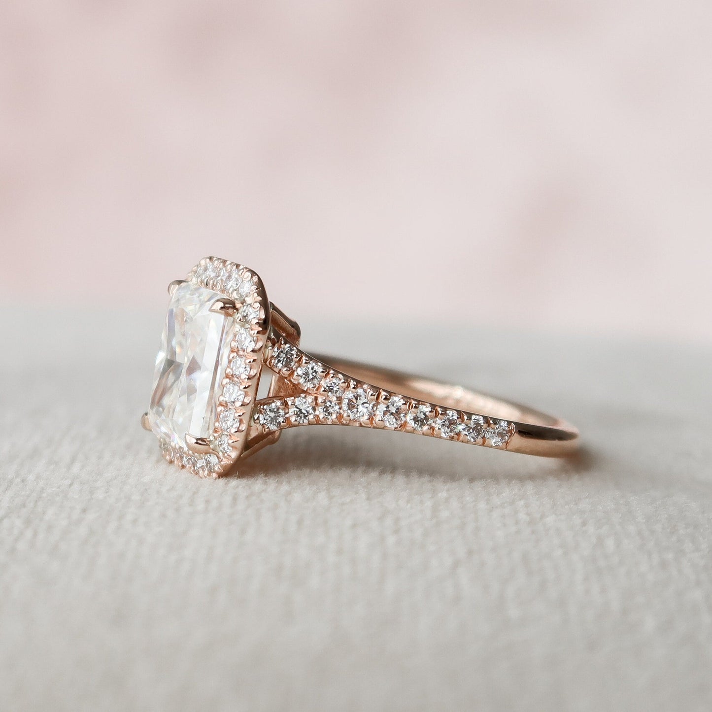 3.5 CT Elongated Cushion Halo & Pave Split Shank Moissanite Engagement Ring