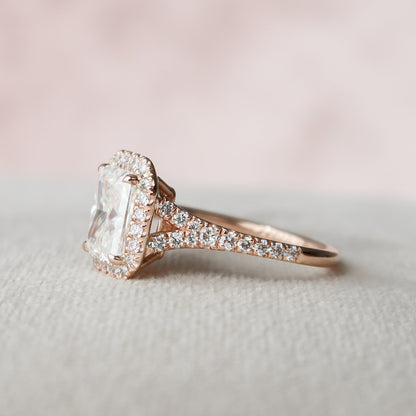 3.5 CT Elongated Cushion Halo & Pave Split Shank Moissanite Engagement Ring