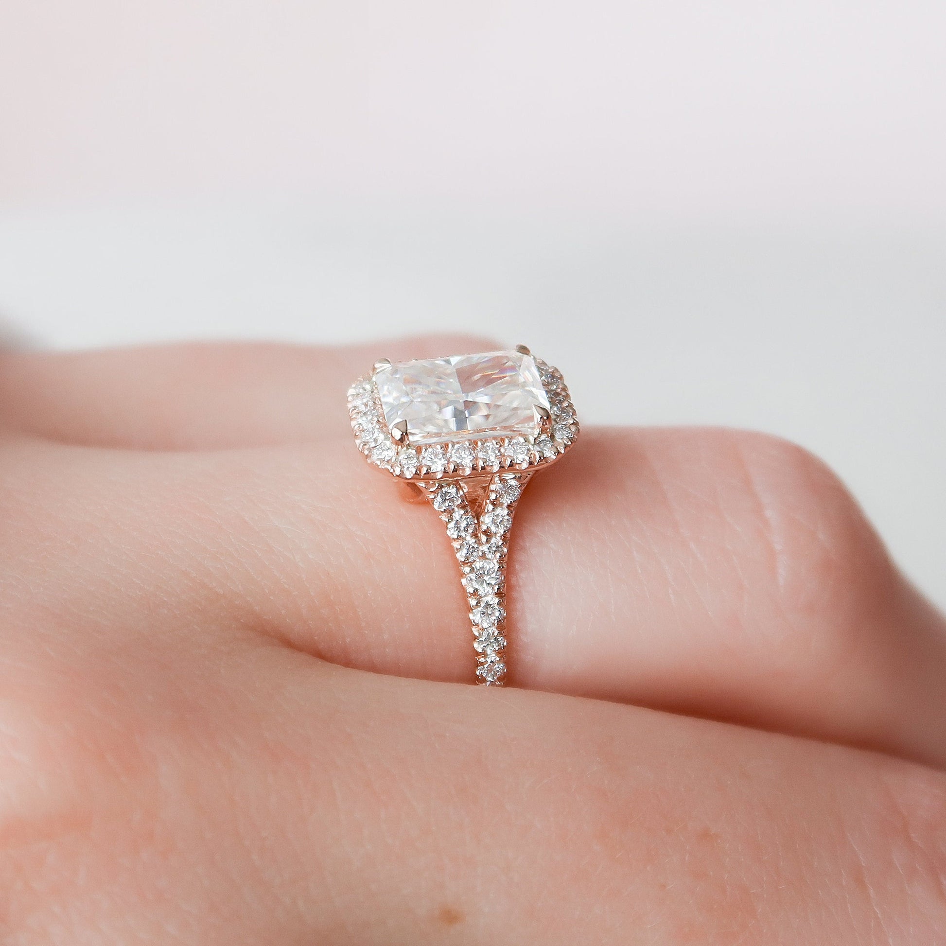 3.5 CT Elongated Cushion Halo & Pave Split Shank Moissanite Engagement Ring