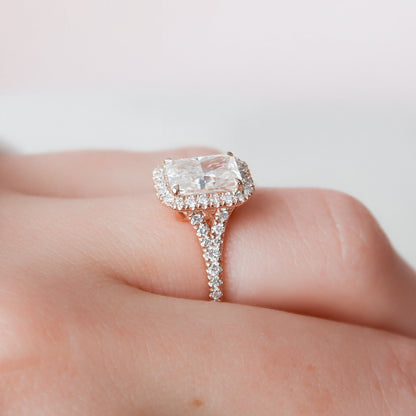 3.5 CT Elongated Cushion Halo & Pave Split Shank Moissanite Engagement Ring