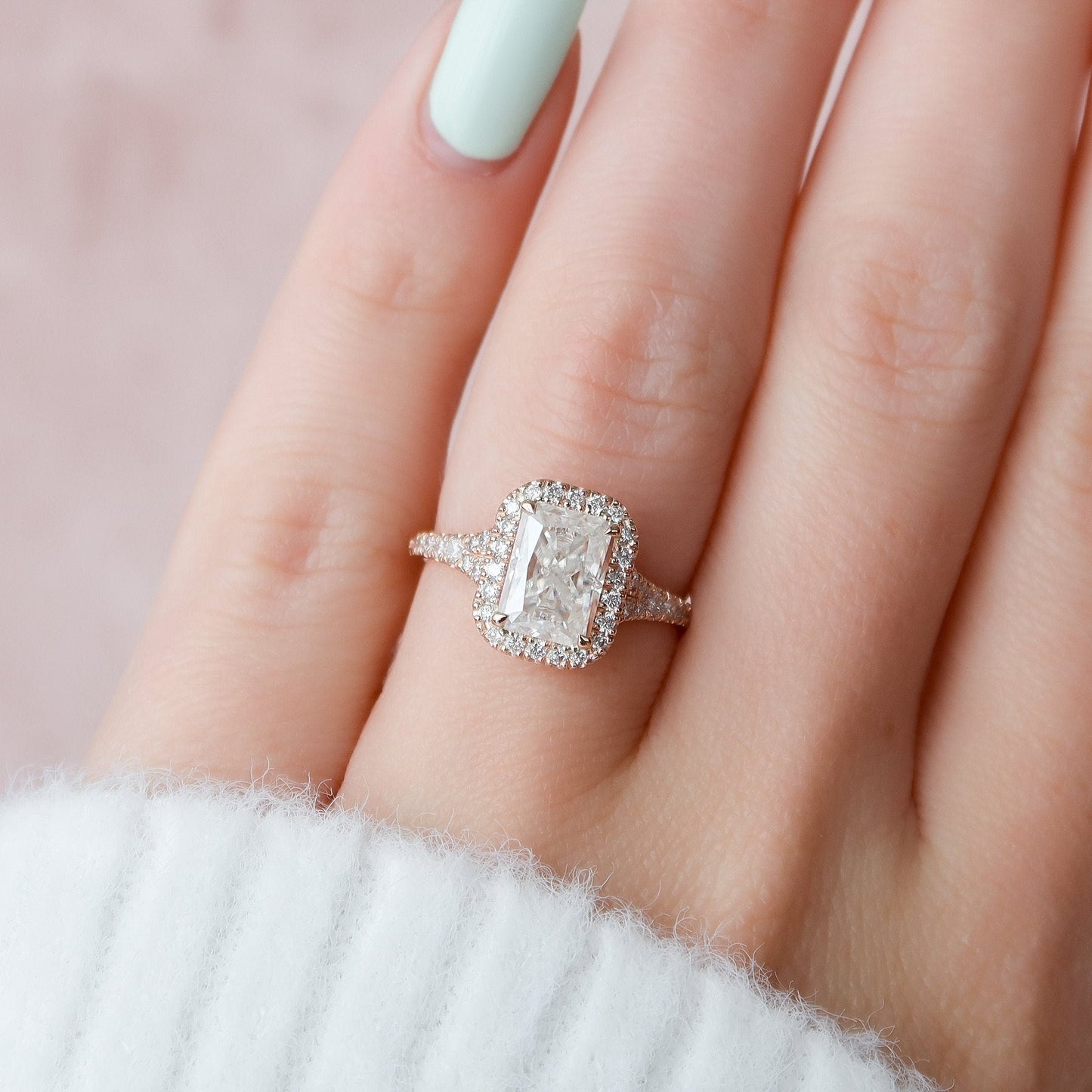 3.5 CT Elongated Cushion Halo & Pave Split Shank Moissanite Engagement Ring