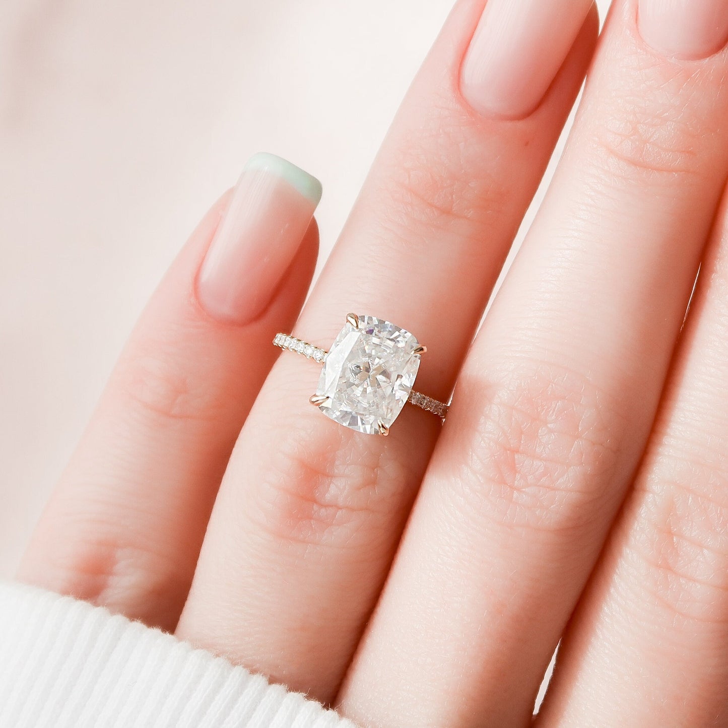 4.5 CT Elongated Cushion Hidden Halo & Pave Moissanite Engagement Ring