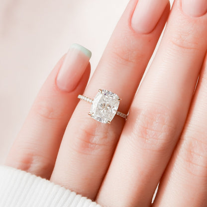 4.5 CT Elongated Cushion Hidden Halo & Pave Moissanite Engagement Ring
