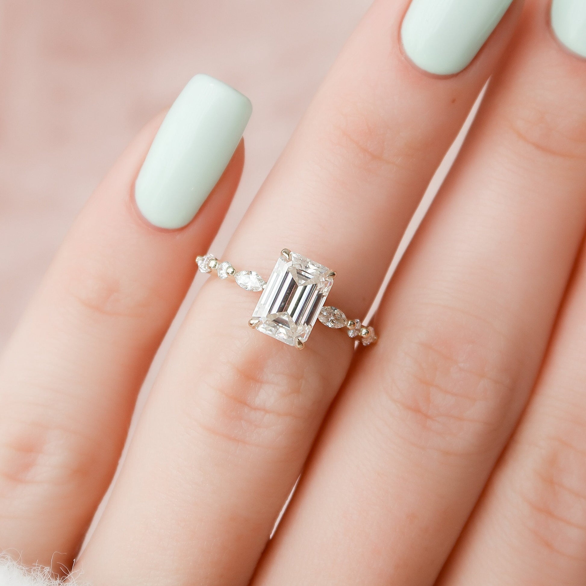 2 CT Emerald Hidden Halo & Dainty Pave Moissanite Engagement Ring