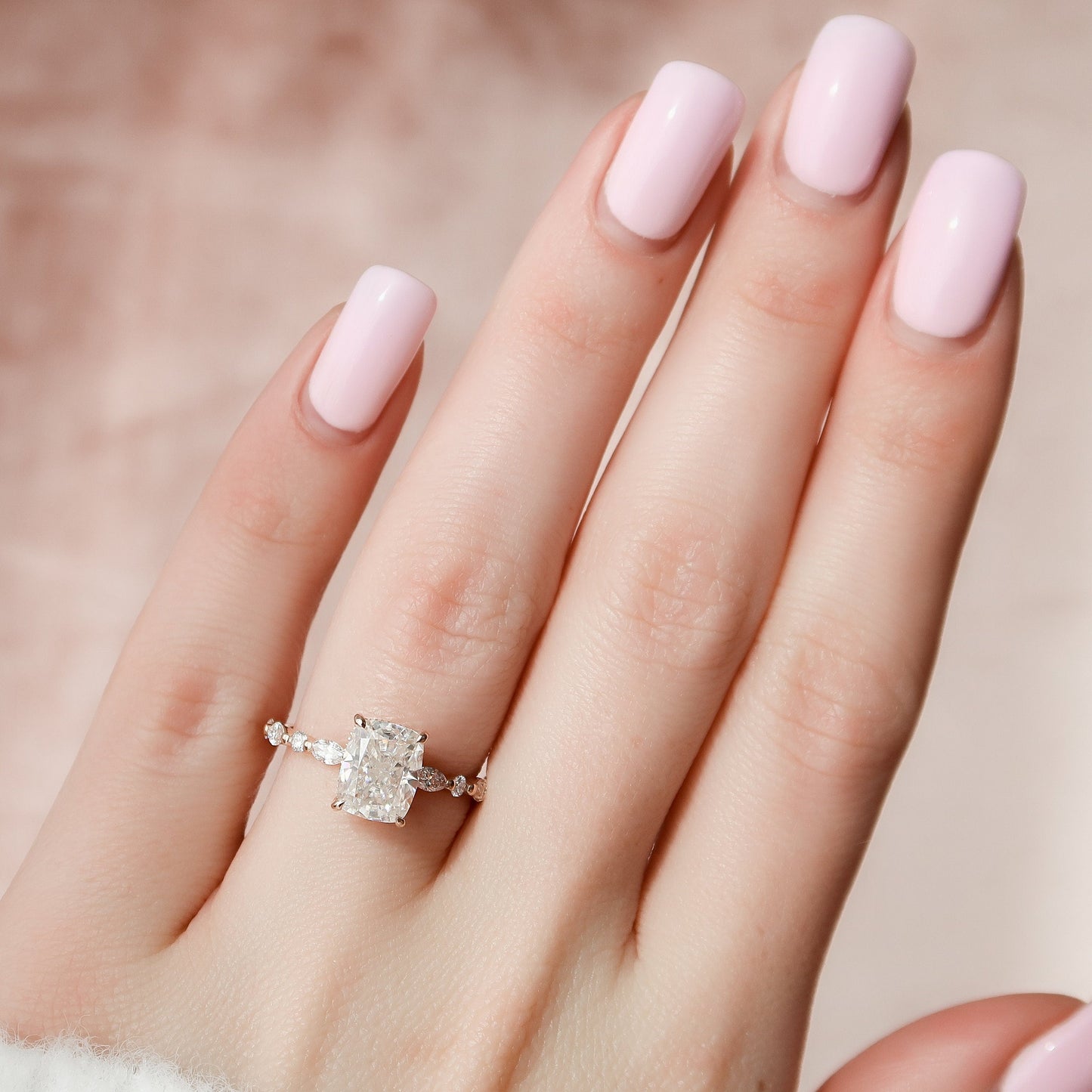 2.5 CT Elongated Cushion Hidden Halo & Dainty Pave Moissanite Engagement Ring