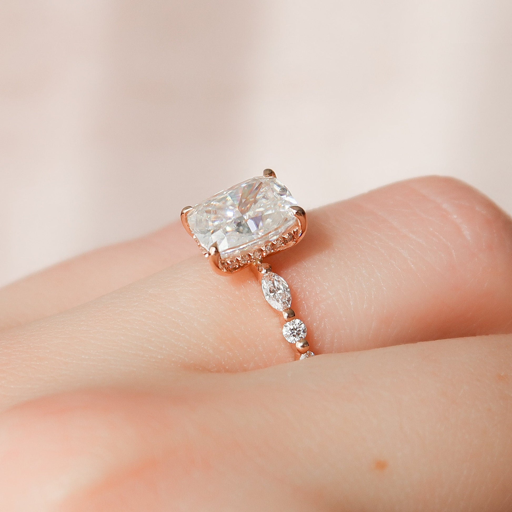 2.5 CT Elongated Cushion Hidden Halo & Dainty Pave Moissanite Engagement Ring