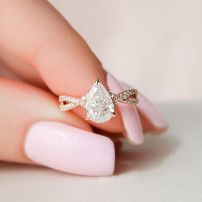 1 CT Pear Hidden Halo & Criss Cross Pave Moissanite Engagement Ring