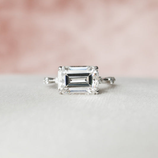 3 CT East West Emerald Dainty Pave Moissanite Engagement Ring