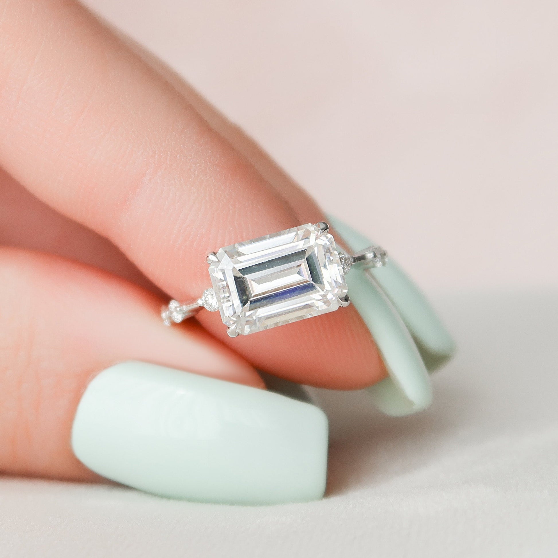 3 CT East West Emerald Dainty Pave Moissanite Engagement Ring