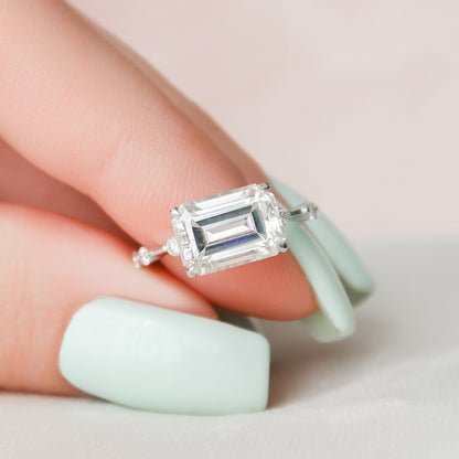 3 CT East West Emerald Dainty Pave Moissanite Engagement Ring