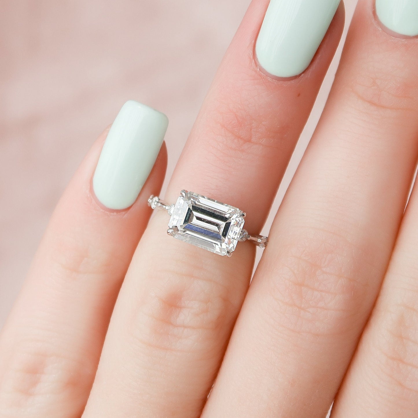 3 CT East West Emerald Dainty Pave Moissanite Engagement Ring