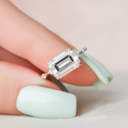 3 CT East West Emerald Dainty Pave Moissanite Engagement Ring