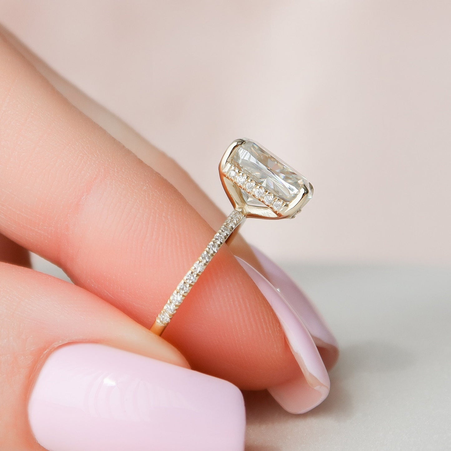 2 CT Elongated Cushion Hidden Halo & Pave Moissanite Engagement Ring