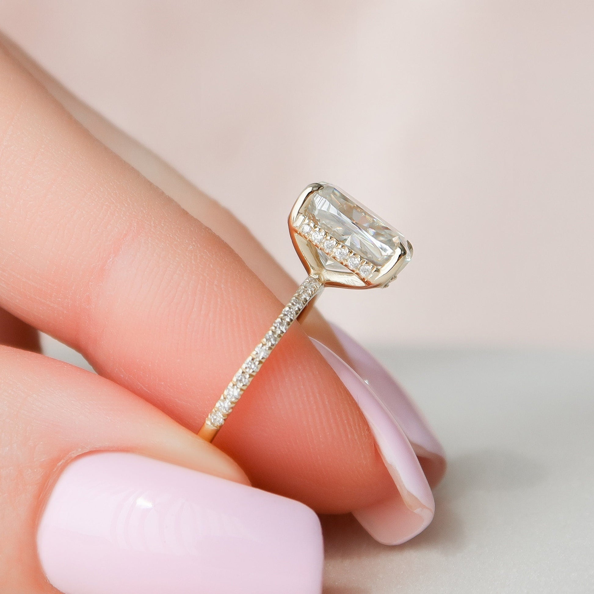 2 CT Elongated Cushion Hidden Halo & Pave Moissanite Engagement Ring
