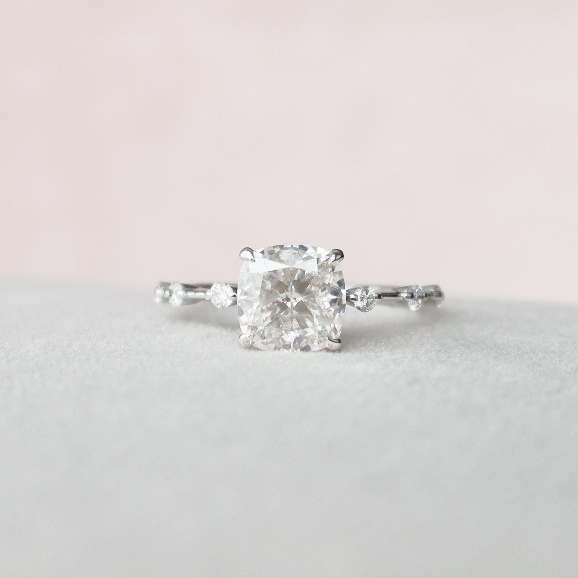 2 CT Cushion Hidden Halo & Dainty Pave Moissanite Engagement Ring